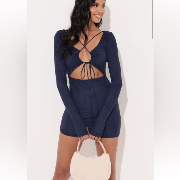Lucy in the Sky Long Sleeve Bodycon Dress in Blue Suede - Picture 6 of 8